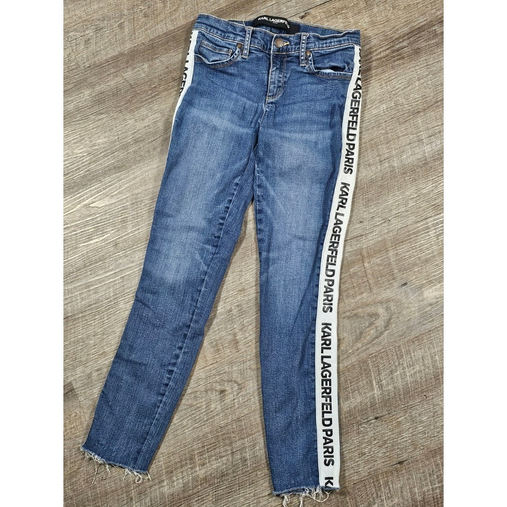 Karl Lagerfeld Paris Logo Tape Skinny Jeans Blue Medium Wash Raw Hem Size 2